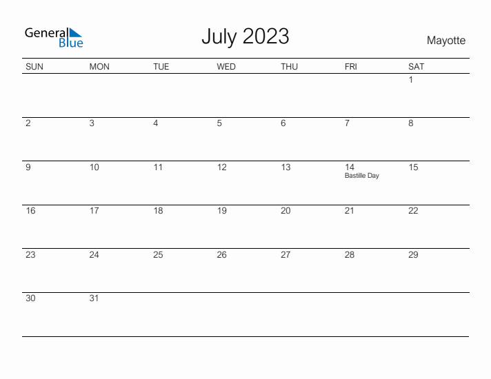 Printable July 2023 Calendar for Mayotte