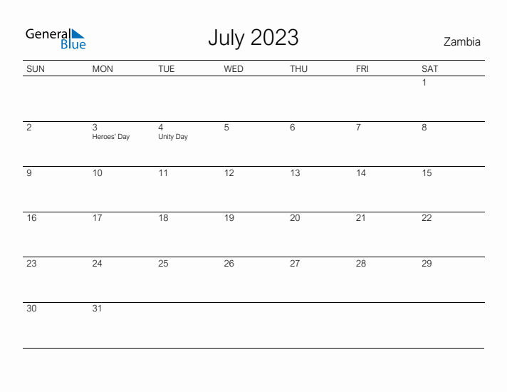 Printable July 2023 Calendar for Zambia