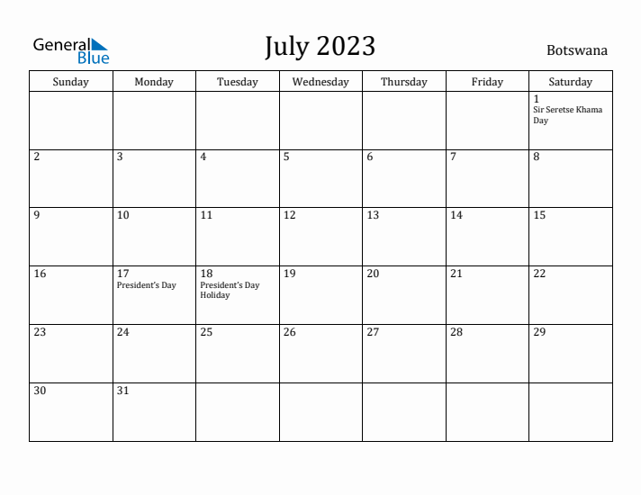 July 2023 Calendar Botswana