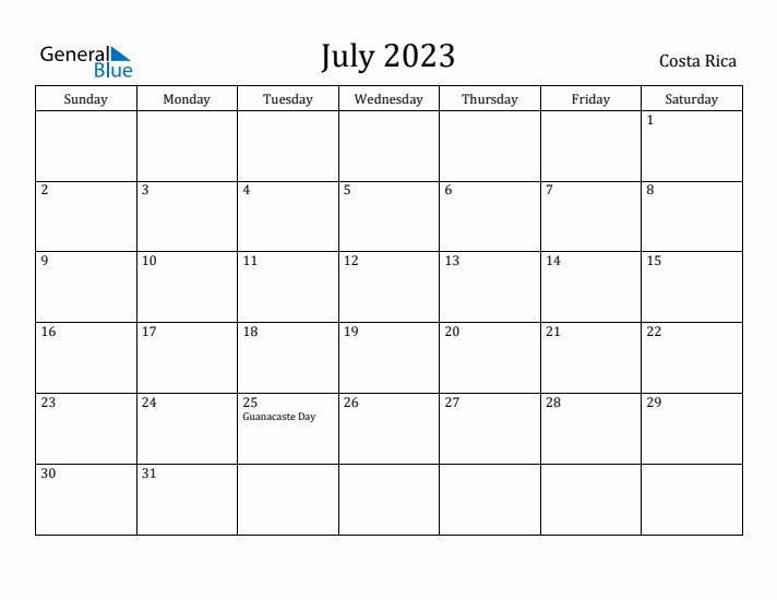 July 2023 Calendar Costa Rica