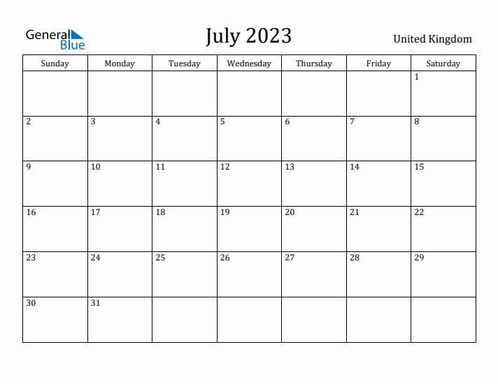 July 2023 Calendar United Kingdom