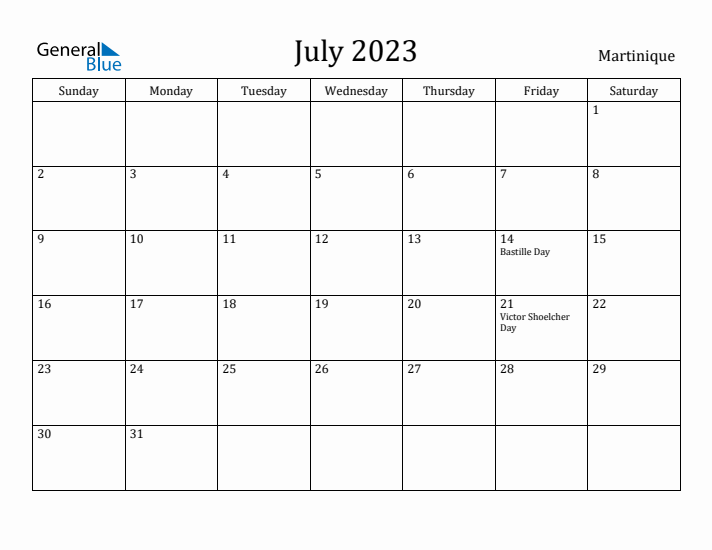 July 2023 Calendar Martinique