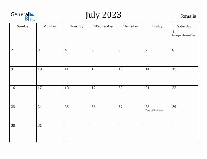 July 2023 Calendar Somalia