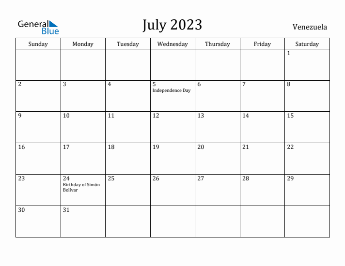 July 2023 Calendar Venezuela