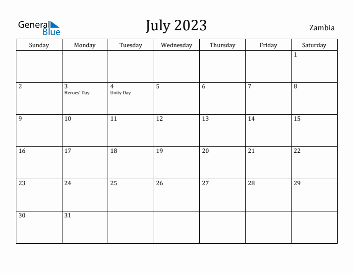 July 2023 Calendar Zambia