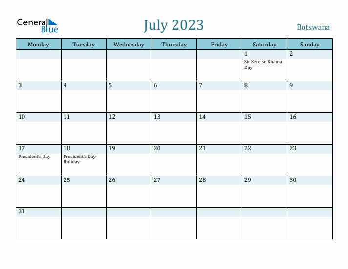 July 2023 Calendar with Holidays