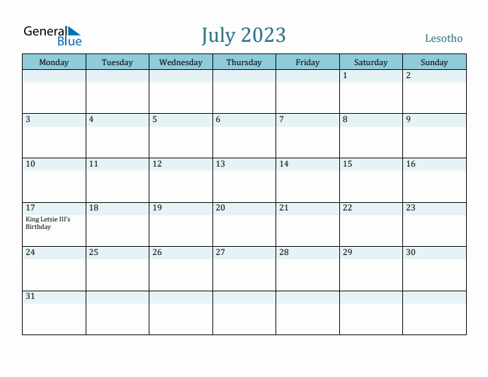 July 2023 Calendar with Holidays