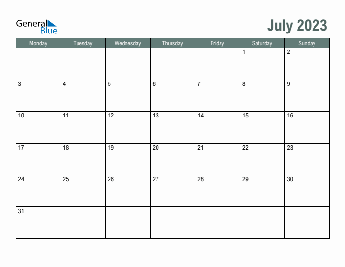 Free Printable July 2023 Calendar