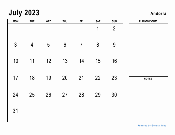 July 2023 Printable Monthly Calendar with Andorra Holidays