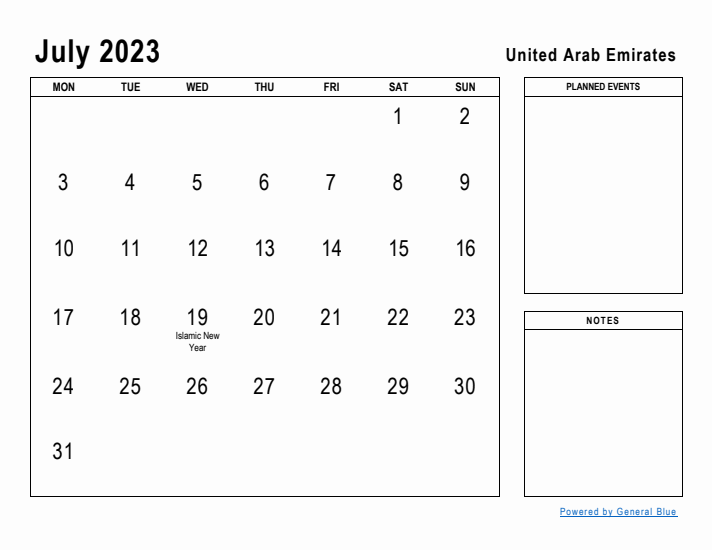 July 2023 Printable Monthly Calendar with United Arab Emirates Holidays