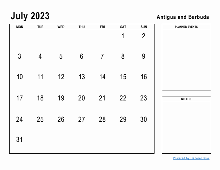 July 2023 Printable Monthly Calendar with Antigua and Barbuda Holidays