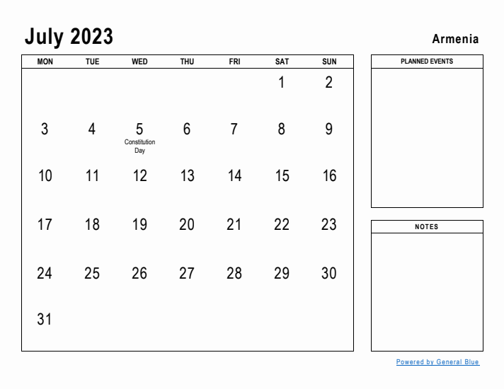 July 2023 Printable Monthly Calendar with Armenia Holidays