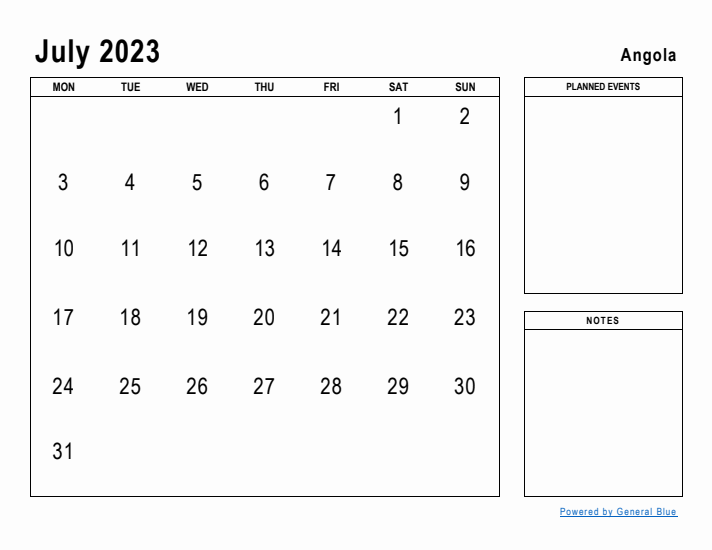 July 2023 Printable Monthly Calendar with Angola Holidays