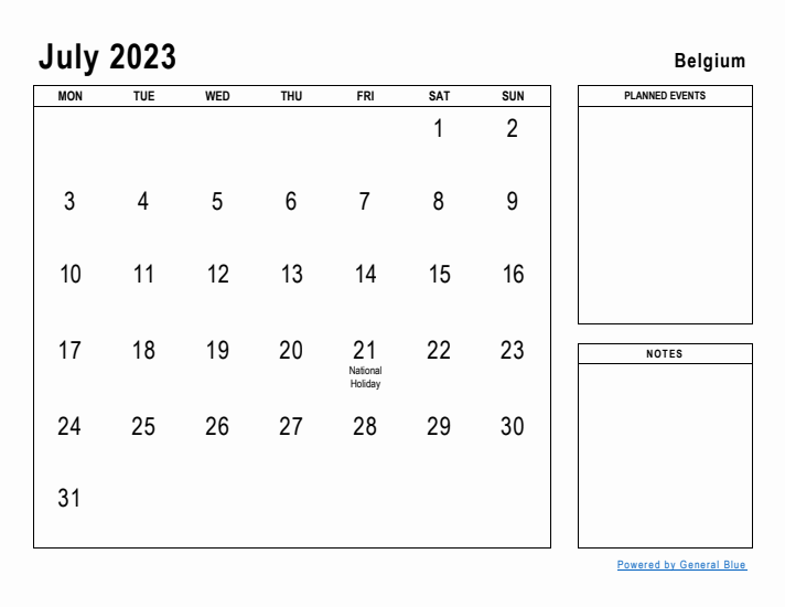 July 2023 Printable Monthly Calendar with Belgium Holidays