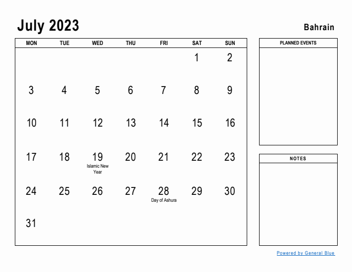 July 2023 Printable Monthly Calendar with Bahrain Holidays