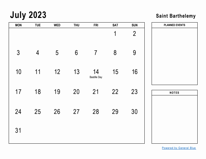 July 2023 Printable Monthly Calendar with Saint Barthelemy Holidays