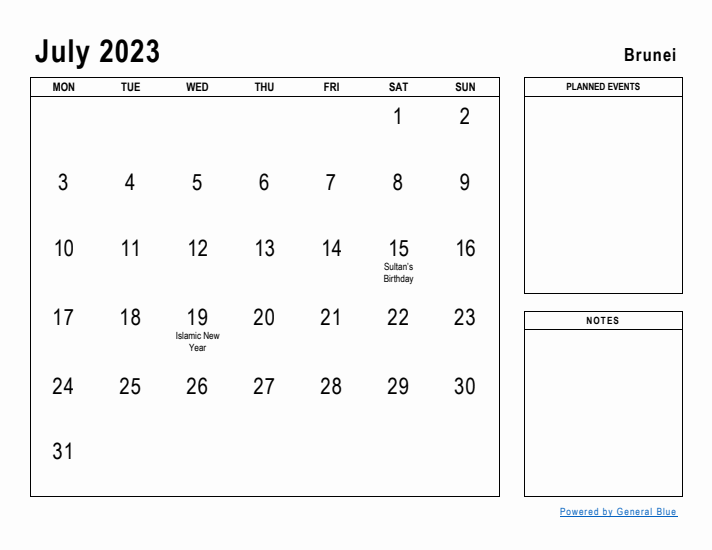 July 2023 Printable Monthly Calendar with Brunei Holidays