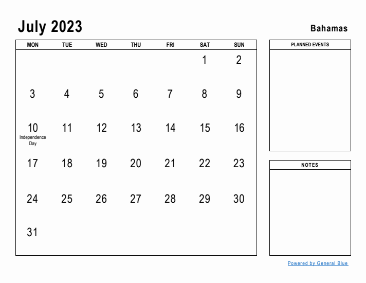 July 2023 Printable Monthly Calendar with Bahamas Holidays