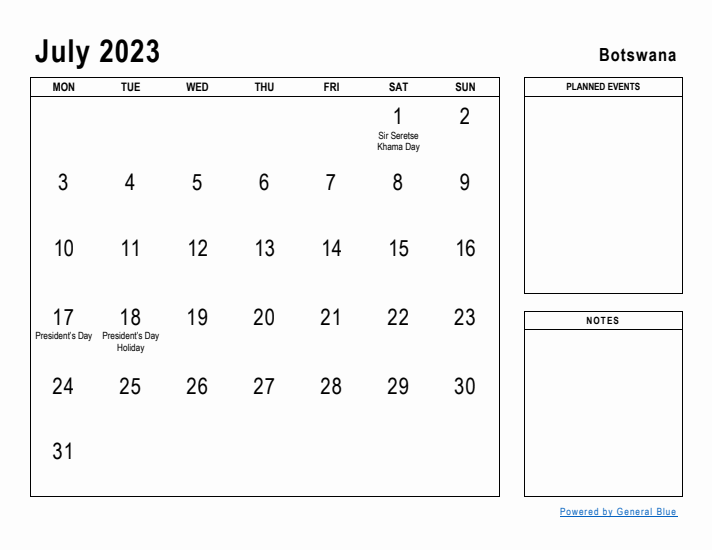 July 2023 Printable Monthly Calendar with Botswana Holidays