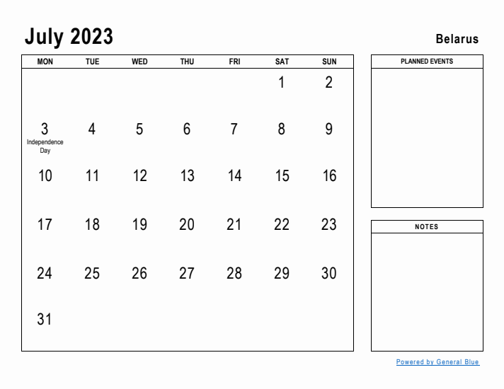 July 2023 Printable Monthly Calendar with Belarus Holidays