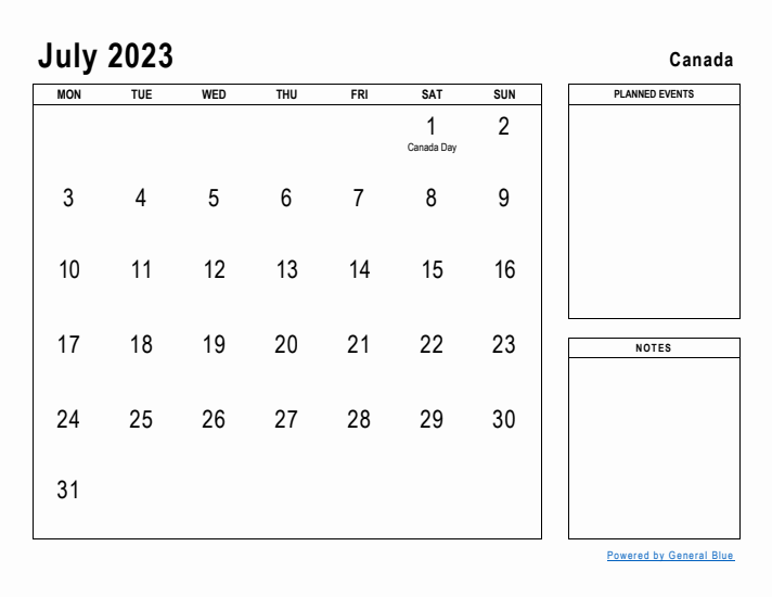 July 2023 Printable Monthly Calendar with Canada Holidays