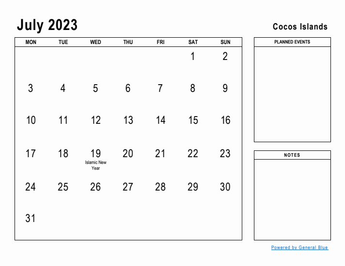 July 2023 Printable Monthly Calendar with Cocos Islands Holidays