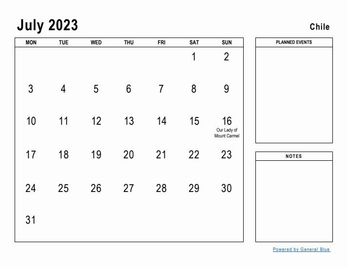 July 2023 Printable Monthly Calendar with Chile Holidays