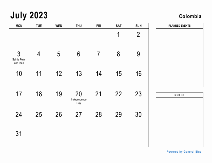 July 2023 Printable Monthly Calendar with Colombia Holidays