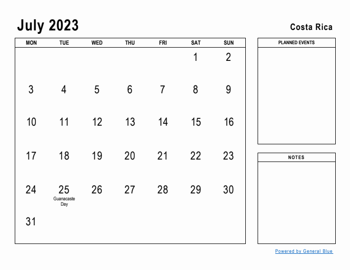 July 2023 Printable Monthly Calendar with Costa Rica Holidays