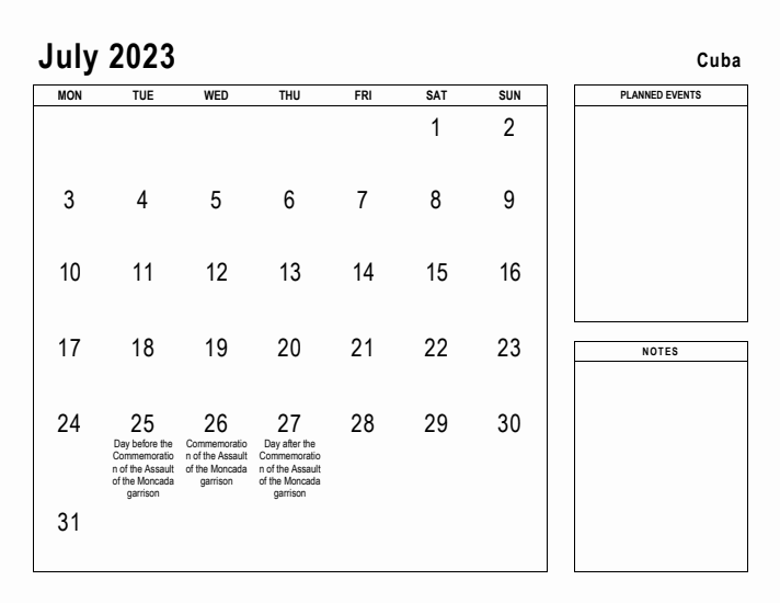 July 2023 Printable Monthly Calendar with Cuba Holidays