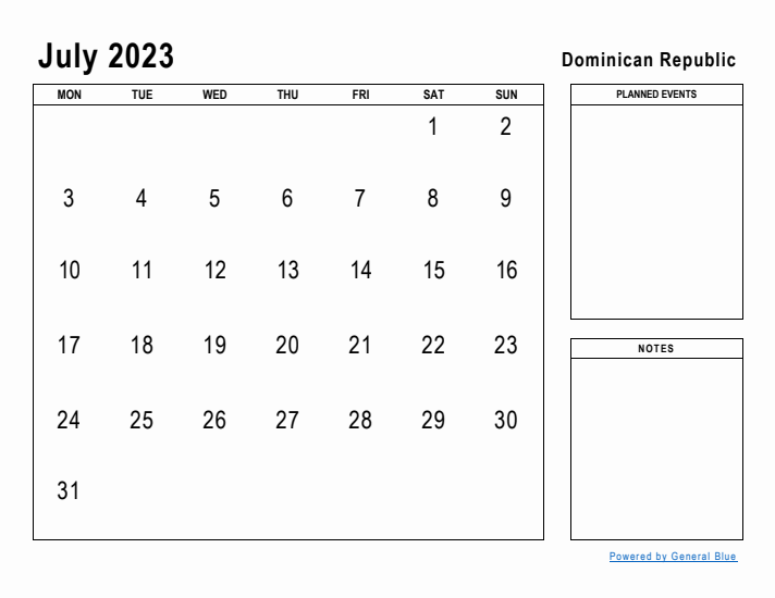 July 2023 Printable Monthly Calendar with Dominican Republic Holidays