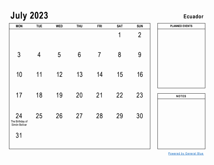 July 2023 Printable Monthly Calendar with Ecuador Holidays