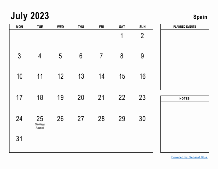 July 2023 Printable Monthly Calendar with Spain Holidays