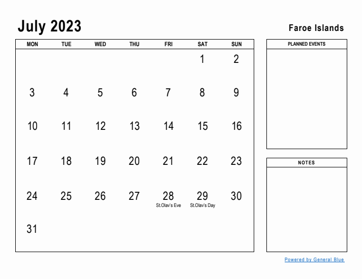 July 2023 Printable Monthly Calendar with Faroe Islands Holidays