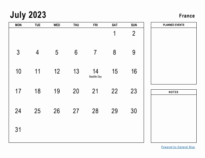 July 2023 Printable Monthly Calendar with France Holidays