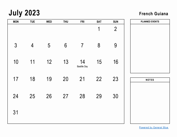 July 2023 Printable Monthly Calendar with French Guiana Holidays