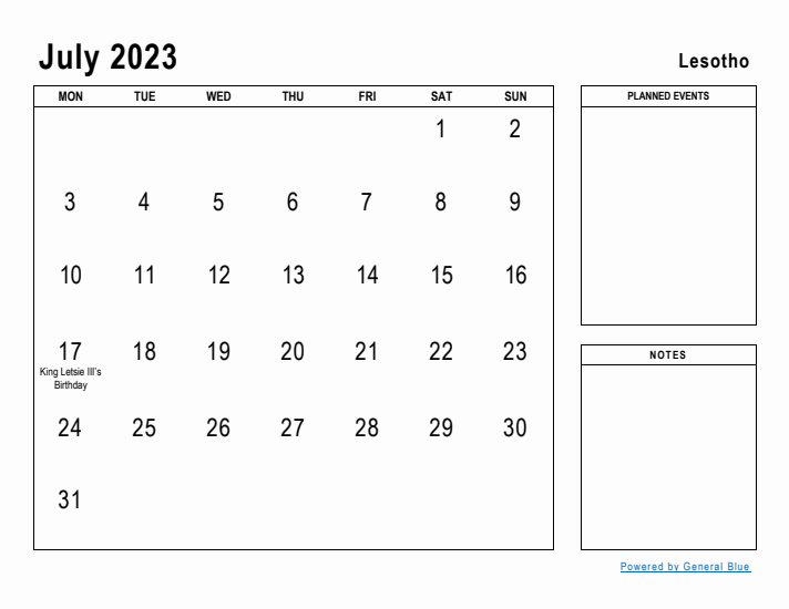 July 2023 Printable Monthly Calendar with Lesotho Holidays