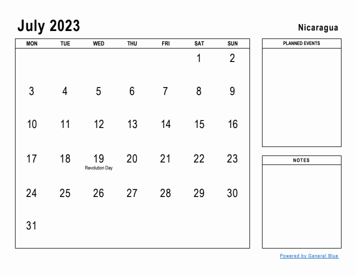 July 2023 Printable Monthly Calendar with Nicaragua Holidays