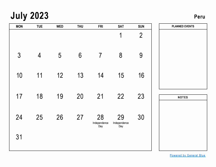 July 2023 Printable Monthly Calendar with Peru Holidays