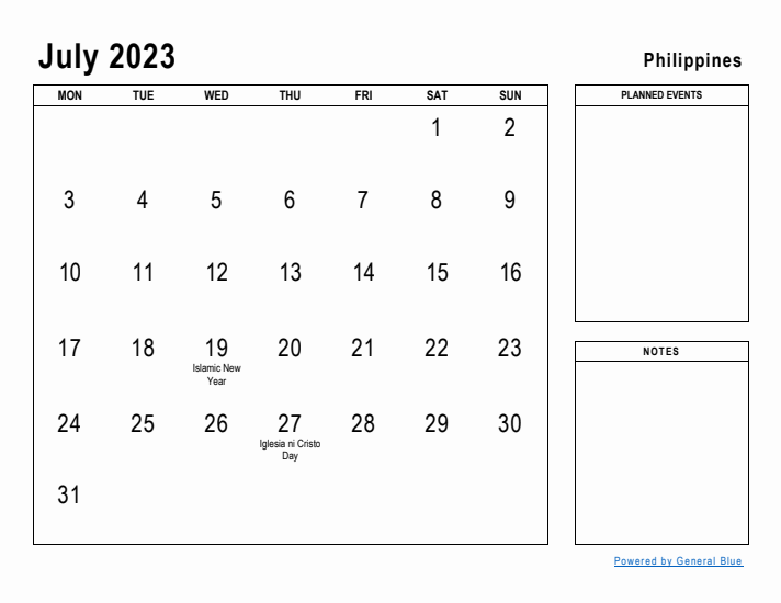 July 2023 Printable Monthly Calendar with Philippines Holidays