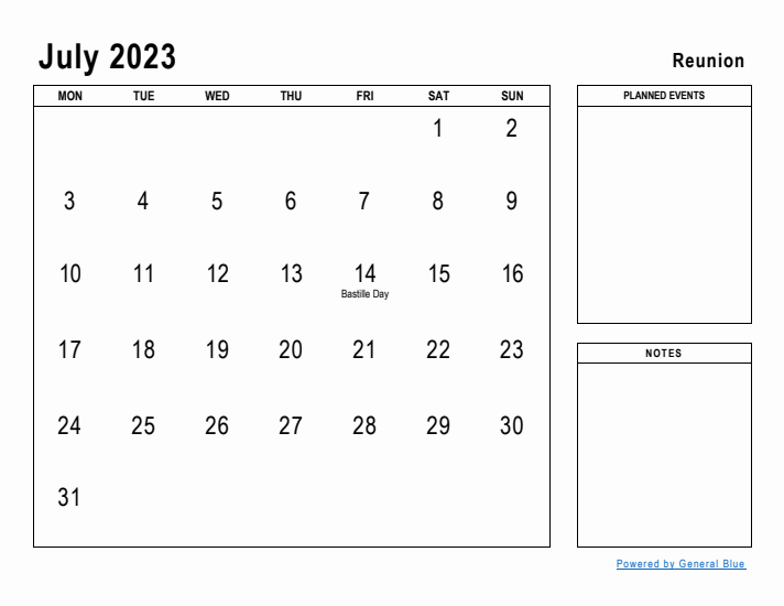 July 2023 Printable Monthly Calendar with Reunion Holidays