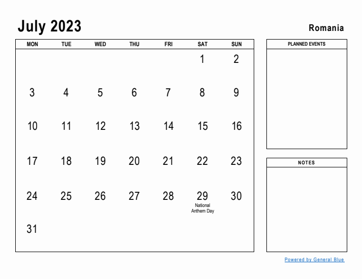 July 2023 Printable Monthly Calendar with Romania Holidays