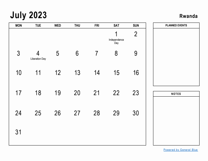 July 2023 Printable Monthly Calendar with Rwanda Holidays