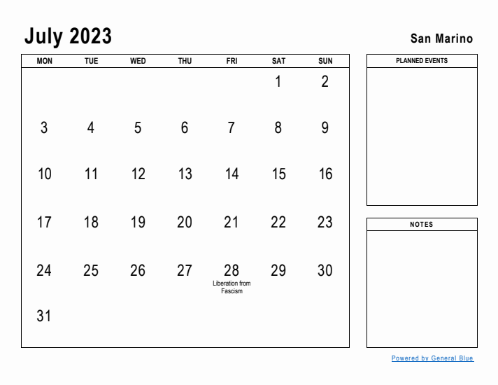 July 2023 Printable Monthly Calendar with San Marino Holidays