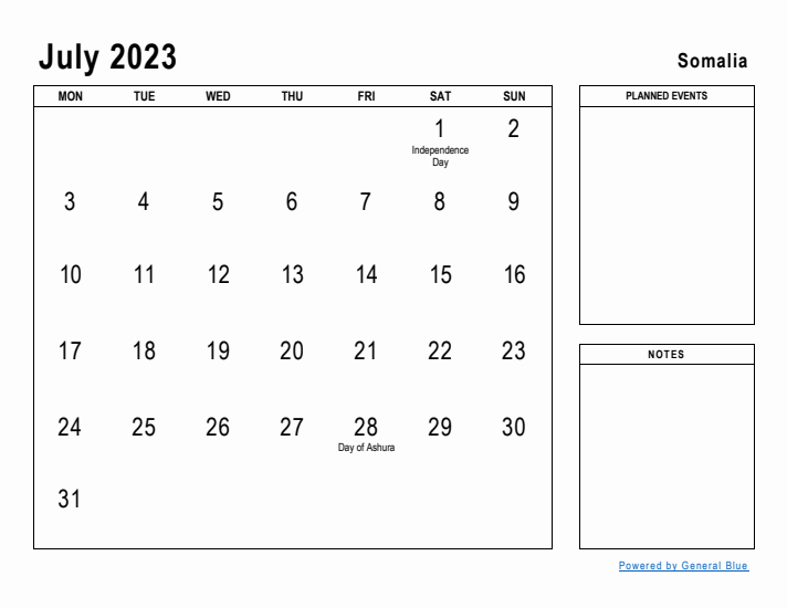 July 2023 Printable Monthly Calendar with Somalia Holidays