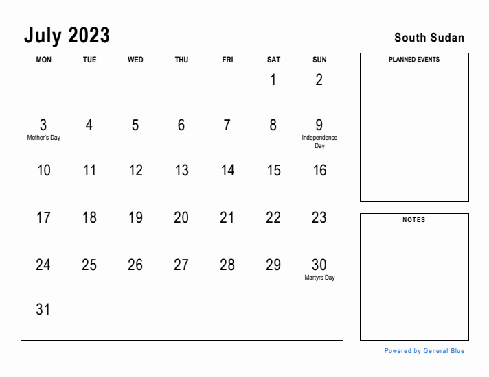 July 2023 Printable Monthly Calendar with South Sudan Holidays