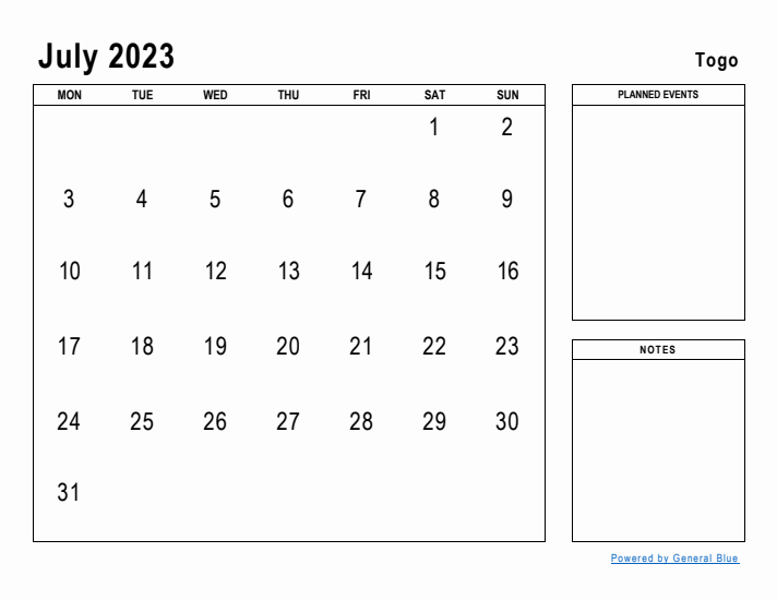 July 2023 Printable Monthly Calendar with Togo Holidays