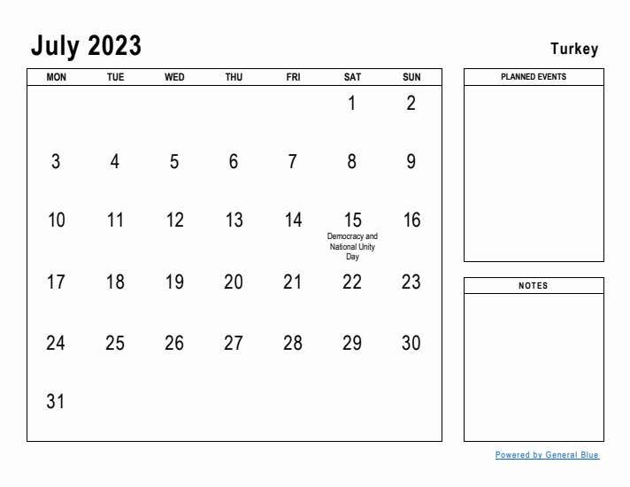 July 2023 Printable Monthly Calendar with Turkey Holidays