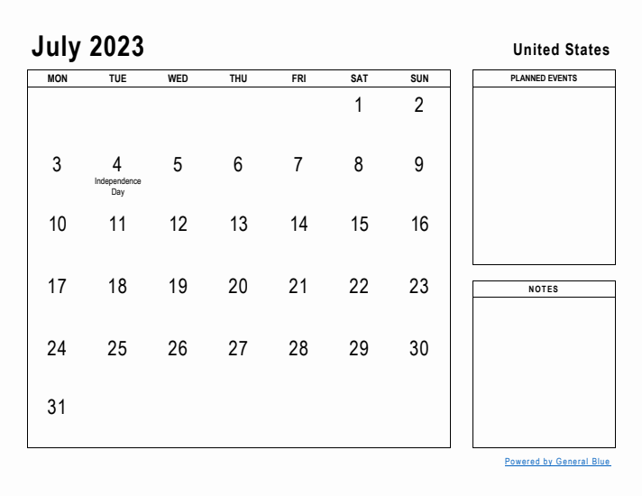 July 2023 Printable Monthly Calendar with United States Holidays