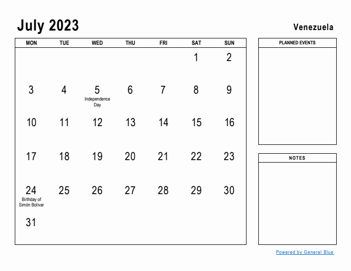 July 2023 Printable Monthly Calendar with Venezuela Holidays